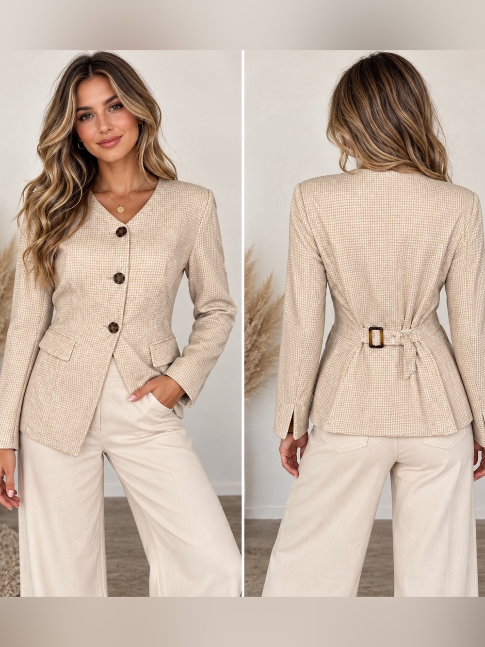 Bagatelle Collection XS Beige Houndstooth Hourglass Blazer Adjustable Waist